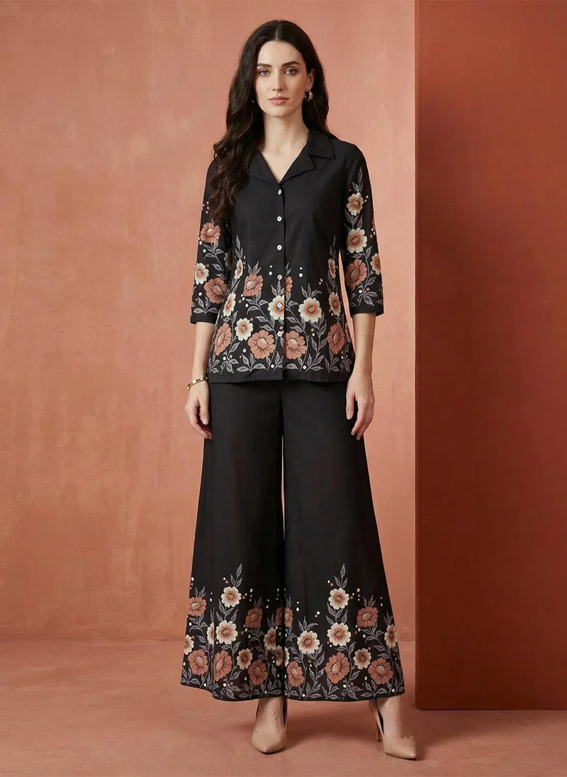 globus Globus Women Black Floral Print Collared Neck Shirt with Flared Hem Wide Leg Pant Fusion Co-Ord Set